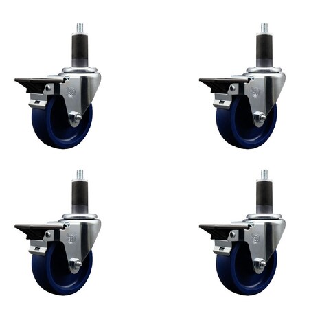 Service Caster 4'' Solid Poly Swivel 1-1/4'' Expanding Stem Caster Set with Brake, 4PK SCC-EX20S414-SPUS-PLB-114-4
